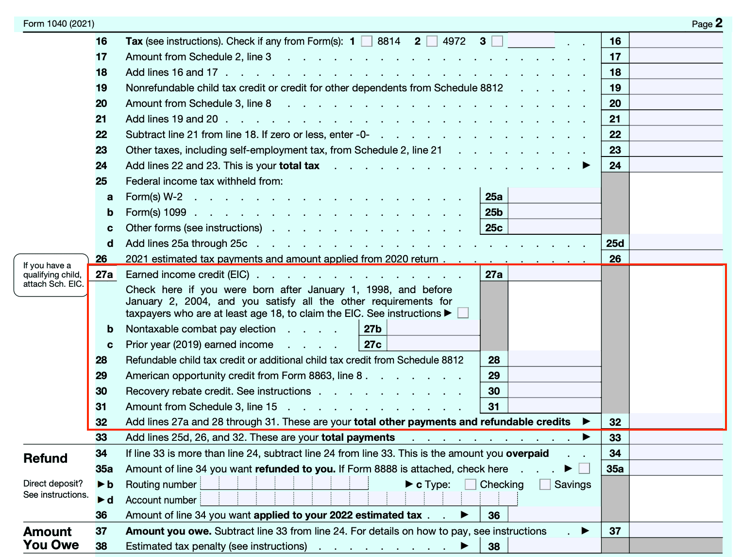 Picture of page 2 of Form 1040, with lines 27-31 boxed in