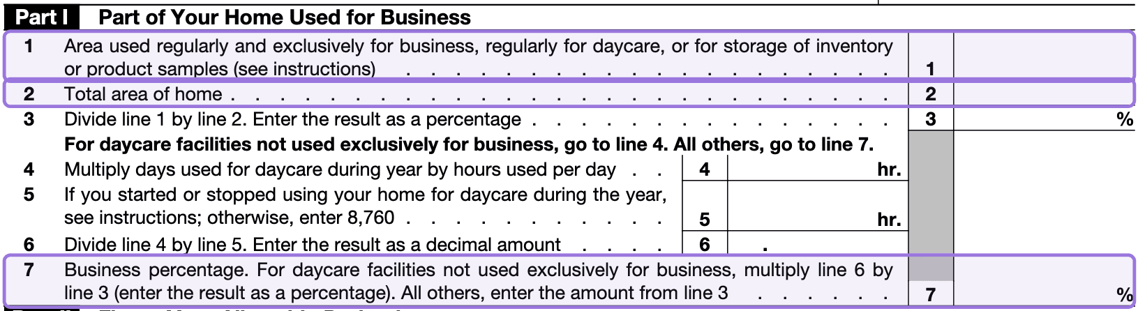 Part 1 of Form 8829, where you divide your workstation square footage by your home square footage to find your business-use percentage