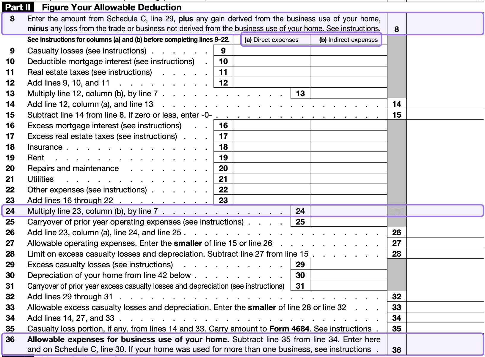 Part 2 of Form 8829, showing direct expenses in column (a) and indirect expenses in column (b)