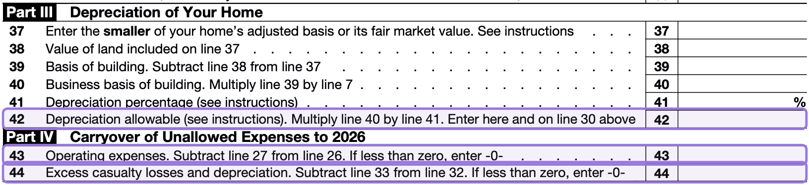 Parts 3 and 4 of Form 8829, covering home depreciation and the carryover of unallowed expenses to next year