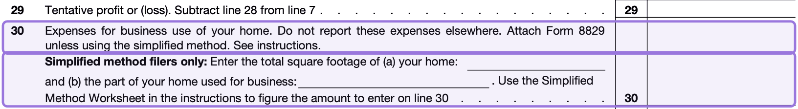 Line 30 of Schedule C, where the total home office deduction from Form 8829 is reported