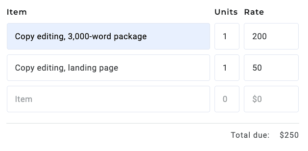 Part of a free invoice generator with two lines filled out for items to be billed for and a third line blank