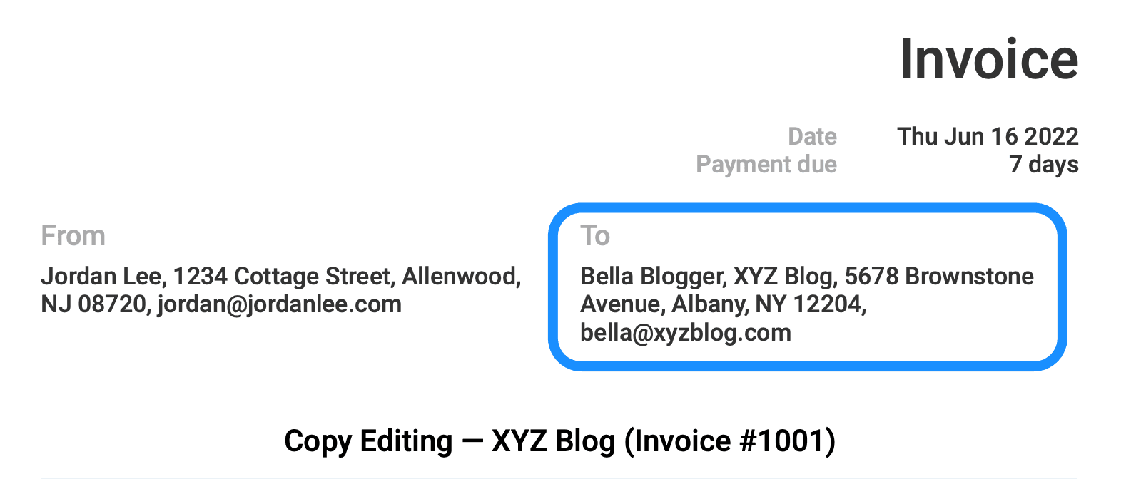 Top of an invoice, with the client's details circled in blue