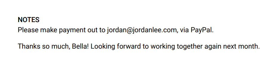 Notes from an invoice saying with PayPal instructions and a message of thanks