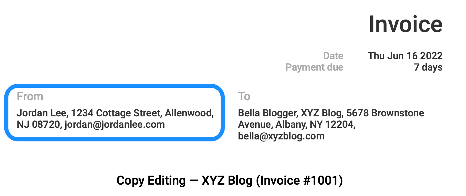 Top of an invoice with the freelancer's details circled in blue
