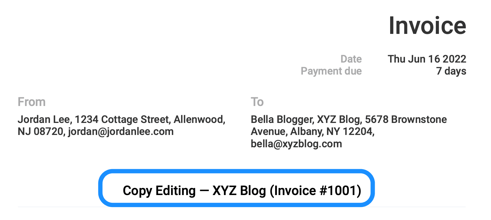 Top of an invoice with the project name circled in blue