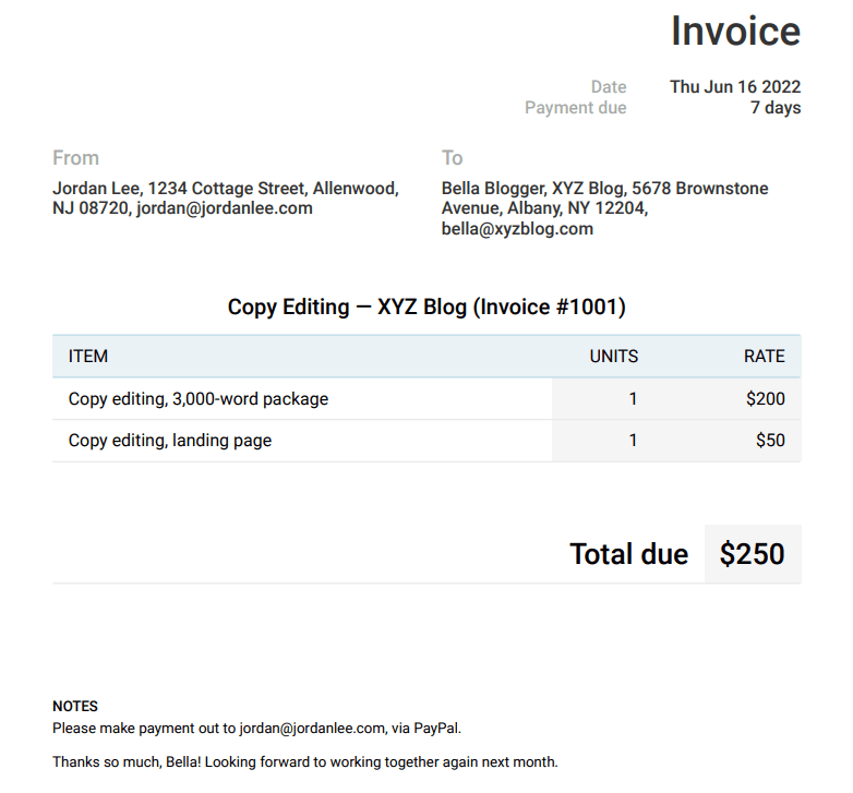 Sample invoice from a freelance editor created using Keeper Tax's free invoice generator