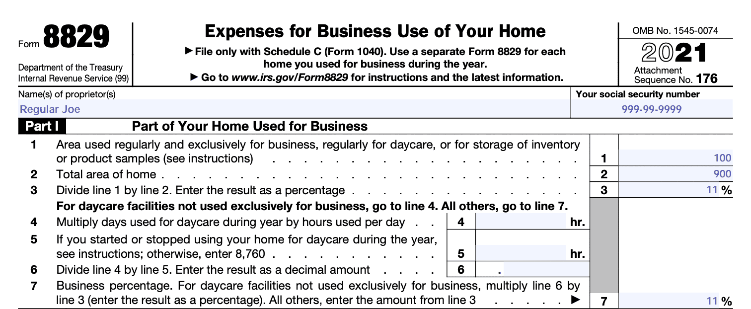 Part 1 of Form 8829, where you divide your workstation square footage by your home square footage to find your business-use percentage