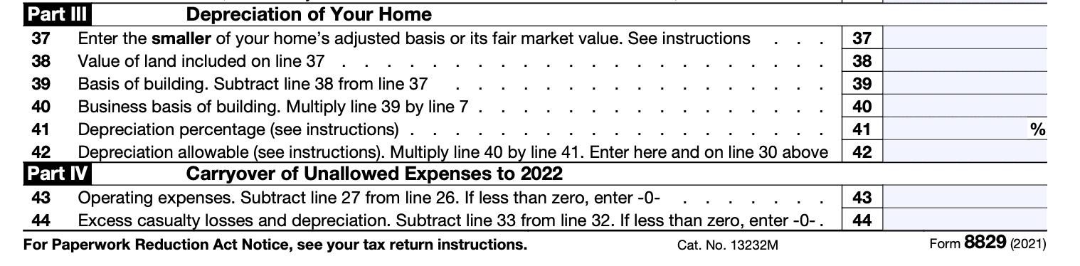 Parts 3 and 4 of Form 8829, covering home depreciation and the carryover of unallowed expenses to next year