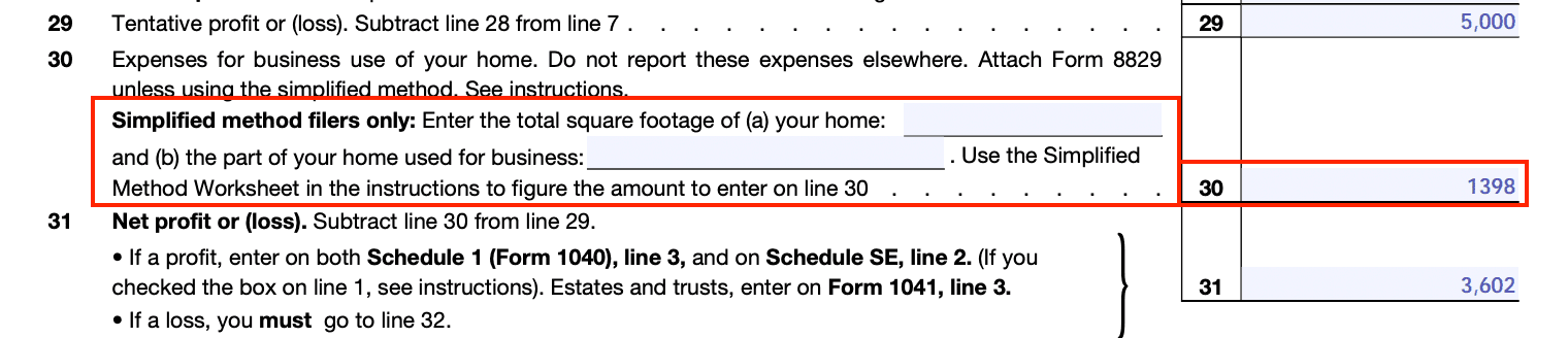 Line 30 of Schedule C, where the total home office deduction from Form 8829 is reported